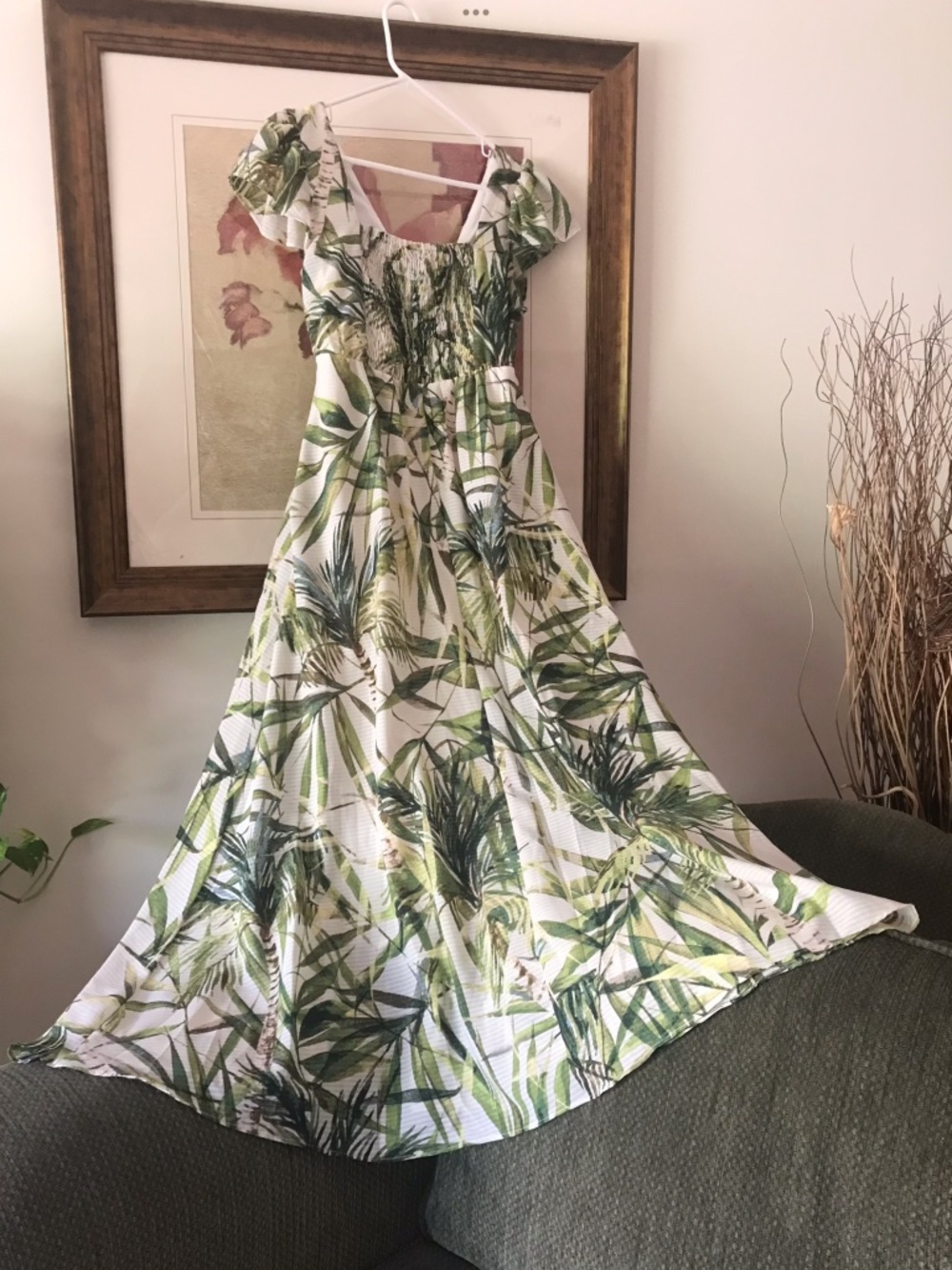 TAYLOR Tropical Bamboo Palms Maxi Dress with Pockets Tie Bodice Smocked EUC Sz 6 - Picture 5 of 12